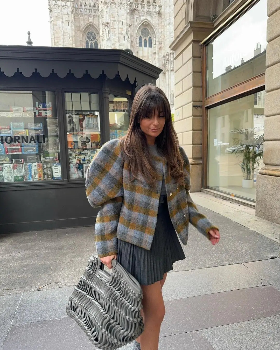 Stylish Plaid Round Neck Coat for Women