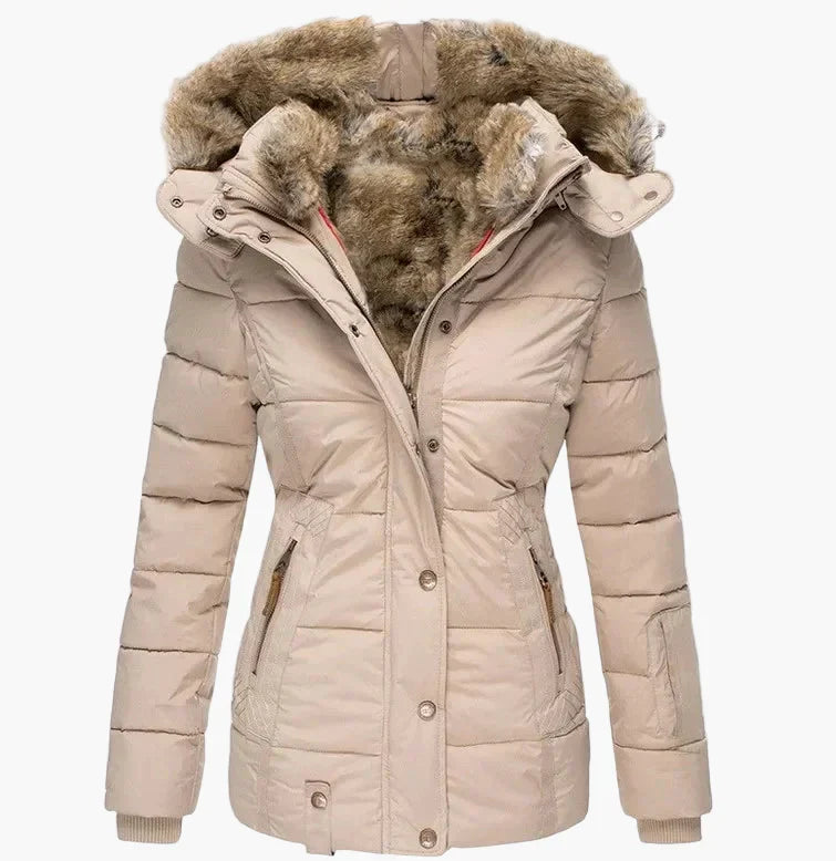 Women's Quilted Winter Jacket Hood Faux Fur Warm