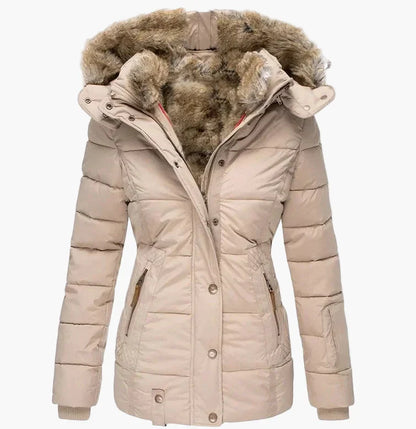 Women's Quilted Winter Jacket Hood Faux Fur Warm