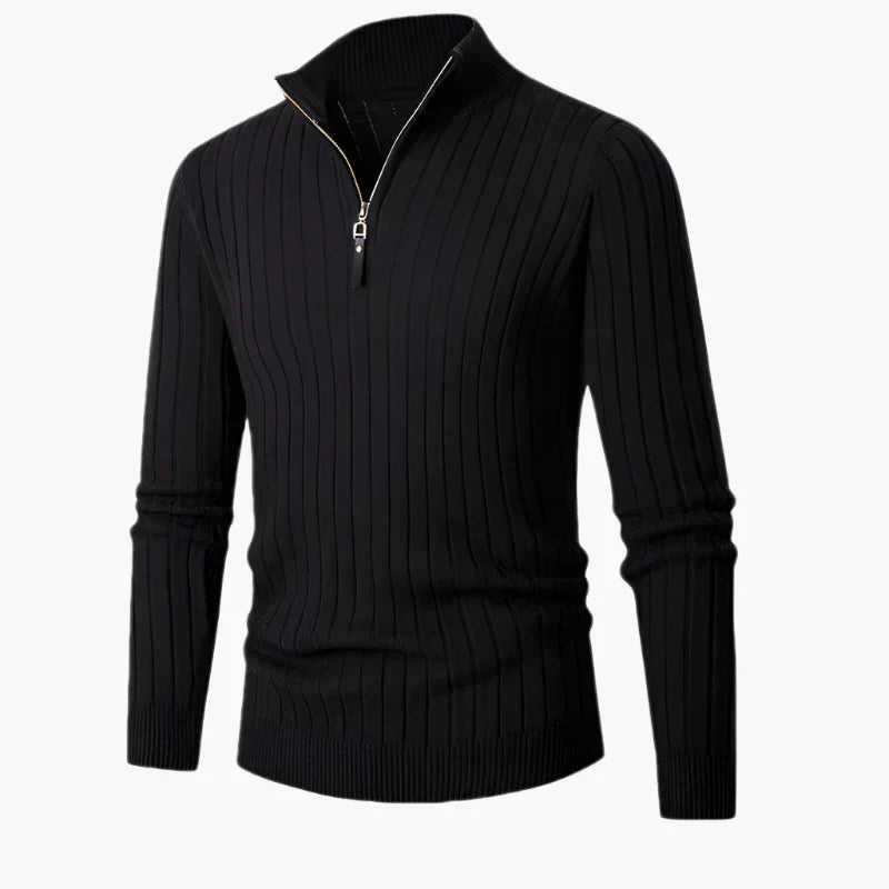 Elegant Knitted Top With Stand-Up Collar And Half-Zip