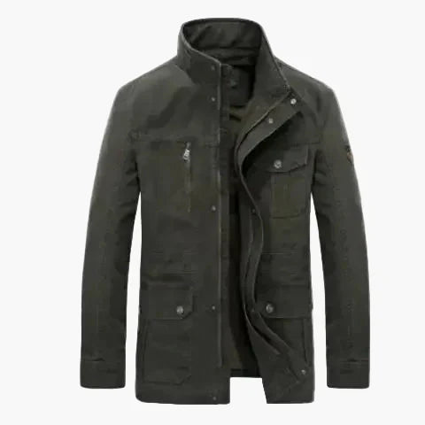 Practical outdoor jacket with stand-up collar and many pockets