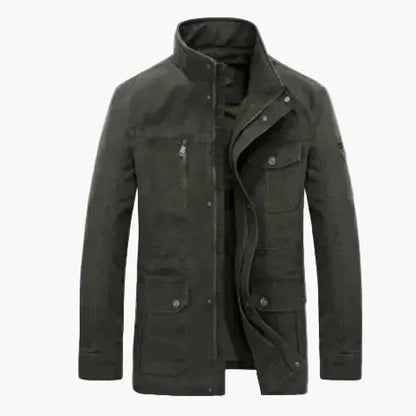 Practical outdoor jacket with stand-up collar and many pockets