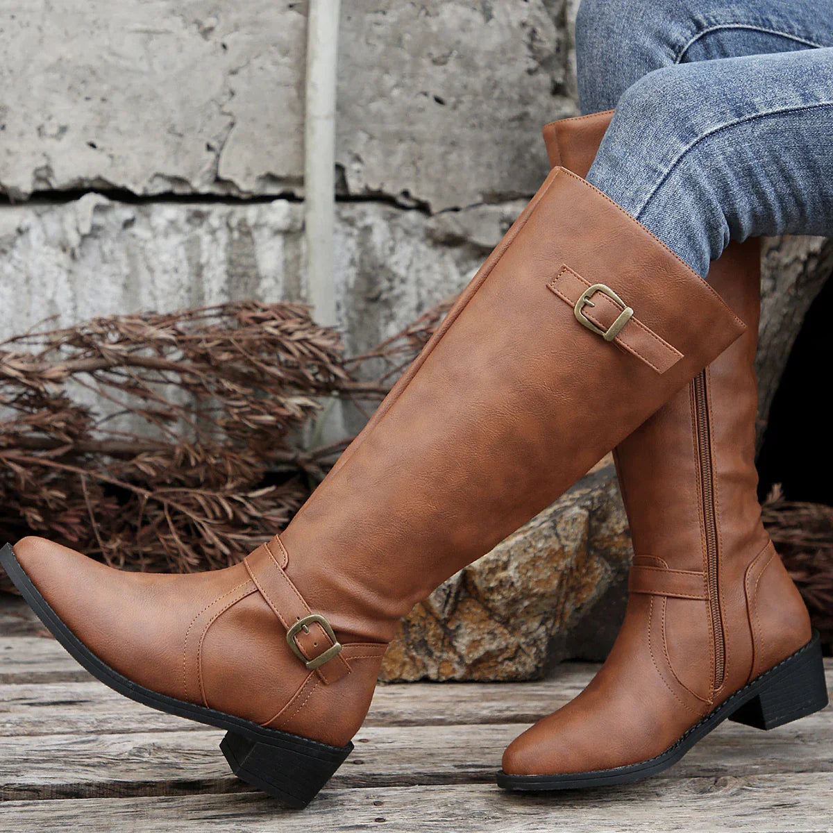 Stylish Women's Riding Boots Buckle Low Heel