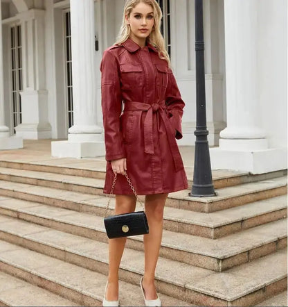 Faux Leather Elegant Long-Sleeved Dress