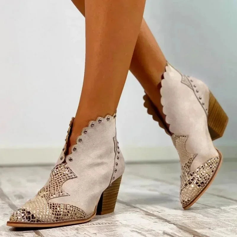 Western Ankle Boots Snake Print Low Heel