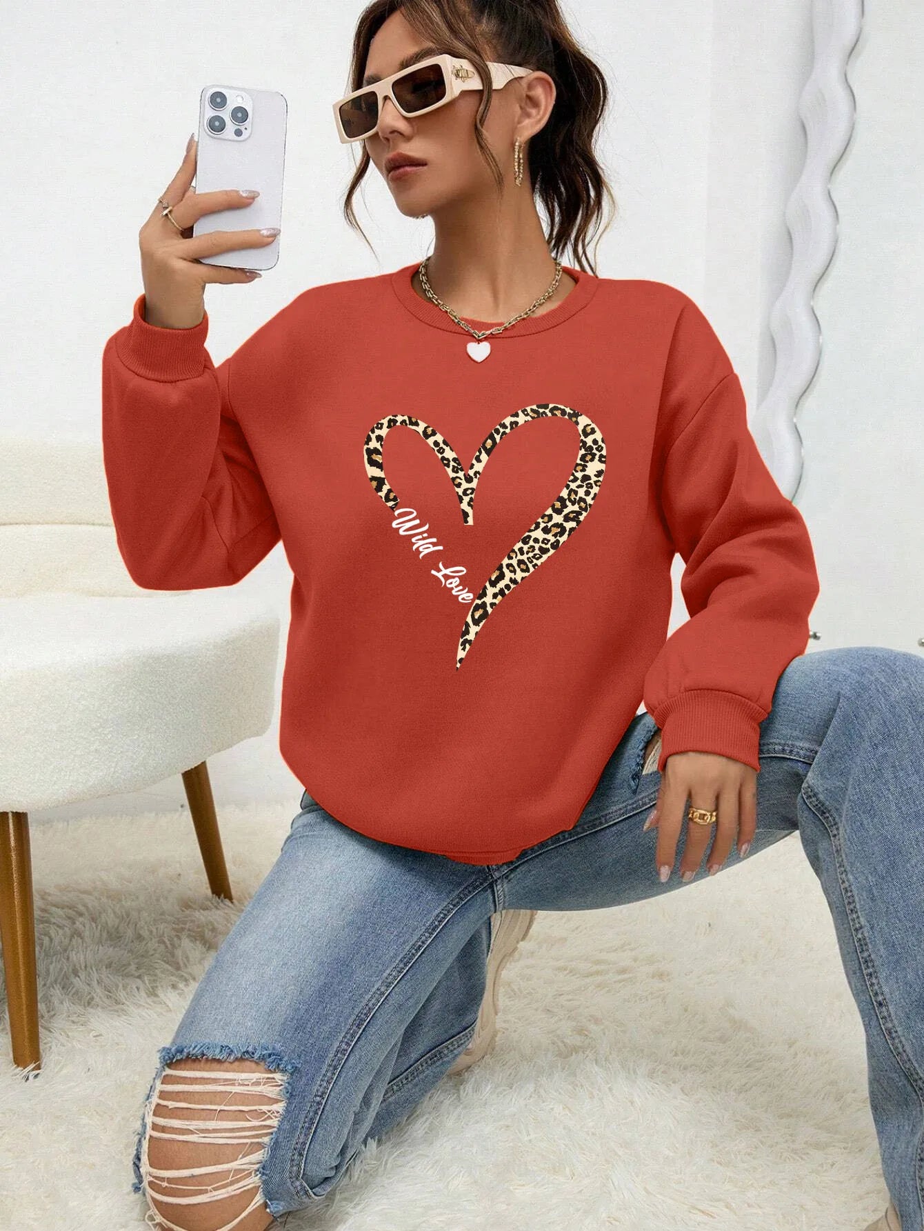 Fashionable Women's Sweat Jacket Leopard Heart Pattern