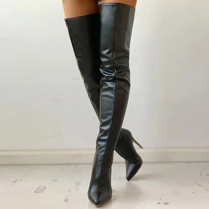 Knee-High Stretch Leather Boots Women