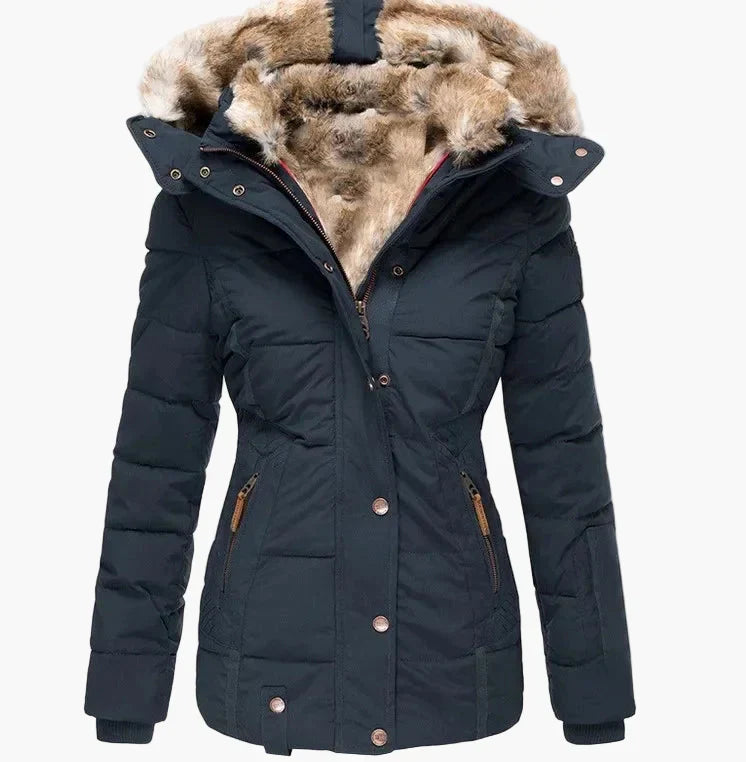 Women's Quilted Winter Jacket Hood Faux Fur Warm