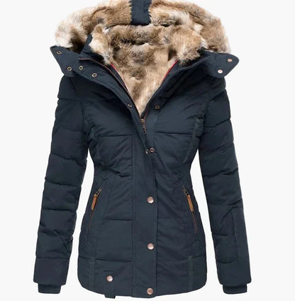 Women's Quilted Winter Jacket Hood Faux Fur Warm