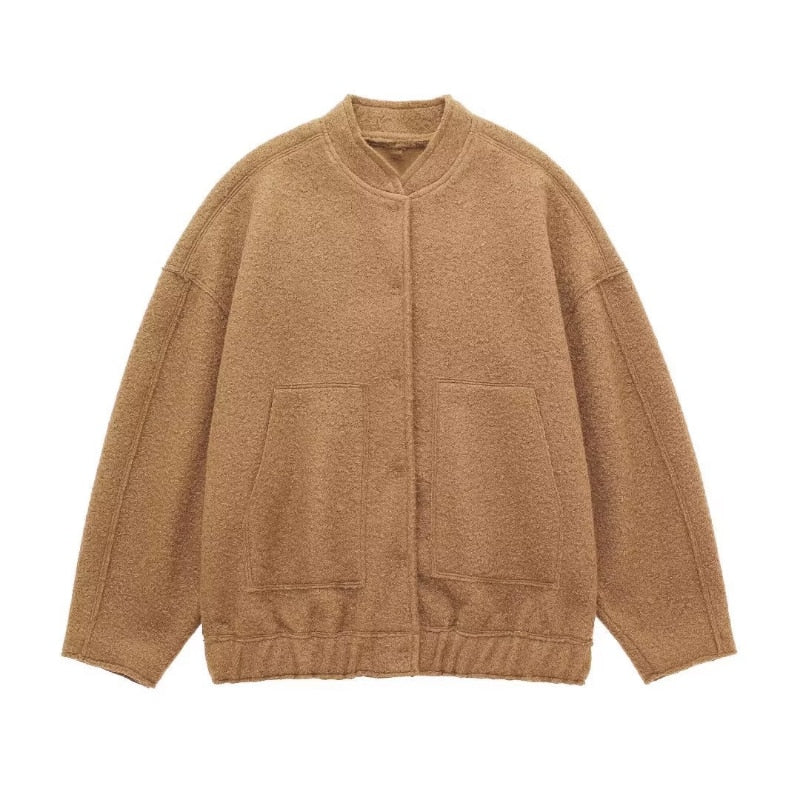 Women's Oversized Wool Coat Round Neck Buttons