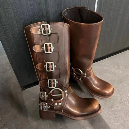 Hohe Lederstiefel Damen Schnittig Verstellbar - IdealeKleiden