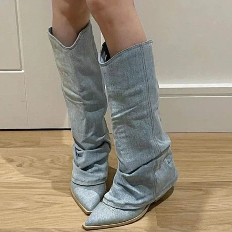 Women's Shoes Knee-High Boots Denim Look