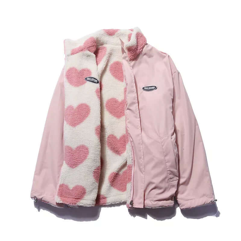 Heart Print Reversible Plush Fleece Jacket for Women