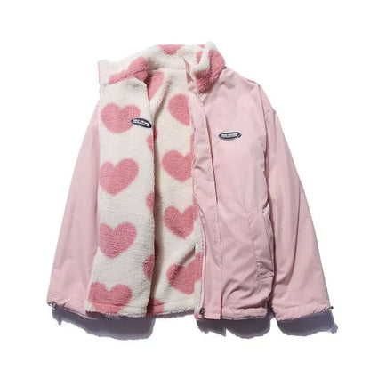 Heart Print Reversible Plush Fleece Jacket for Women