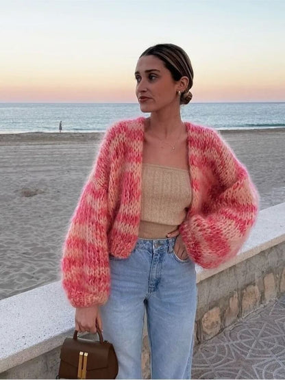 Women's Knitted Cardigan Loose Laced Striped Look