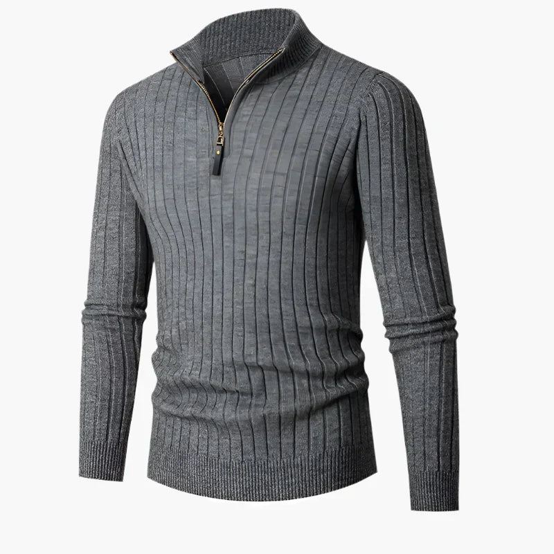 Elegant Knitted Top With Stand-Up Collar And Half-Zip