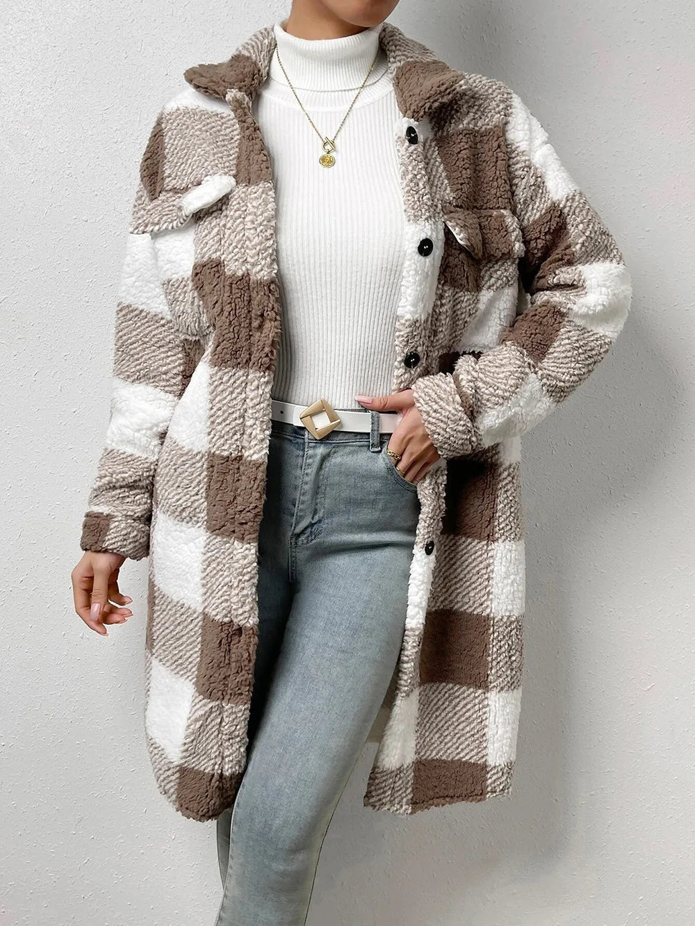 Langer Fleece-Mantel Kariert Warm