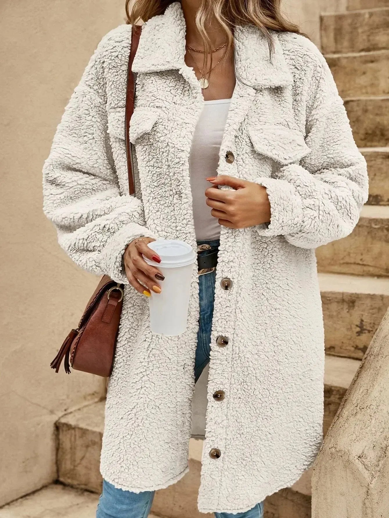 Bequeme Teddyjacke mit Knöpfen & Brusttaschen - IdealeKleiden
