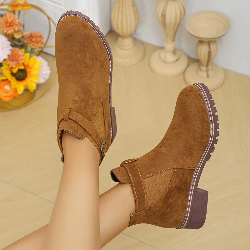Women's Winter Boots Buckle Round Toe Chunky Heel