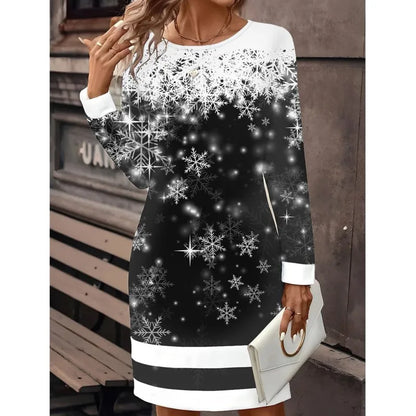 Weihnachtskleid Damen Schneemann Print Pulloverdress