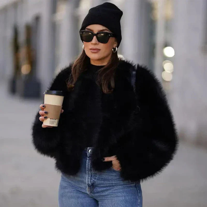 Fashionable Faux Fur Jacket Black Grey