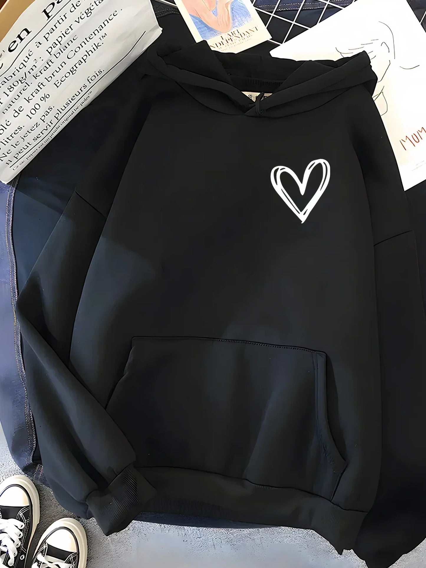 Women's Hoodie Heart Motif Cuddly Warm