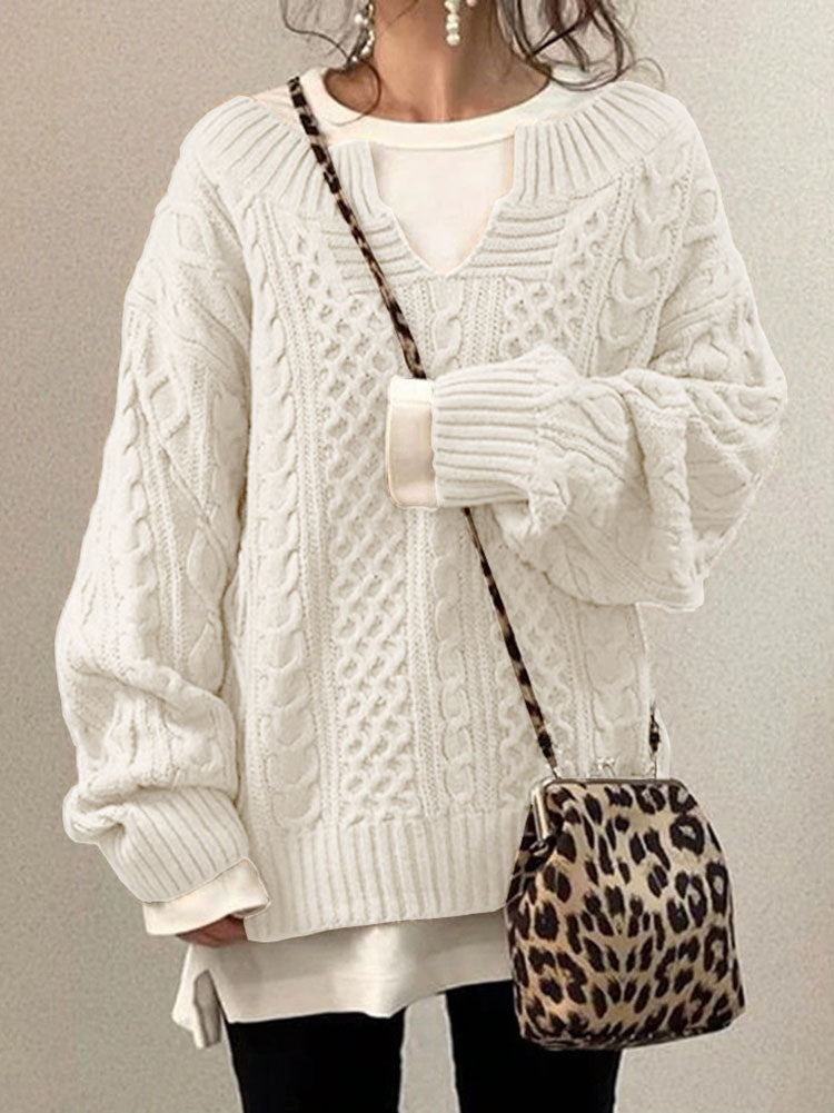 Damen Grobstrick Pullover Mit Schlitzkragen - IdealeKleiden