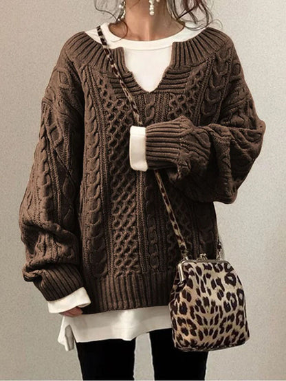Women's Chunky Knit Sweater with Slit Neck