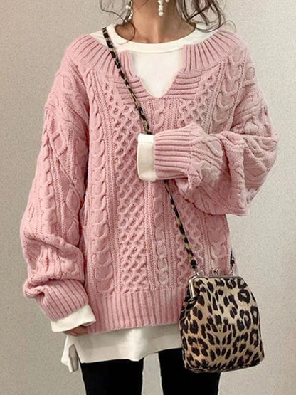 Women's Chunky Knit Sweater with Slit Neck