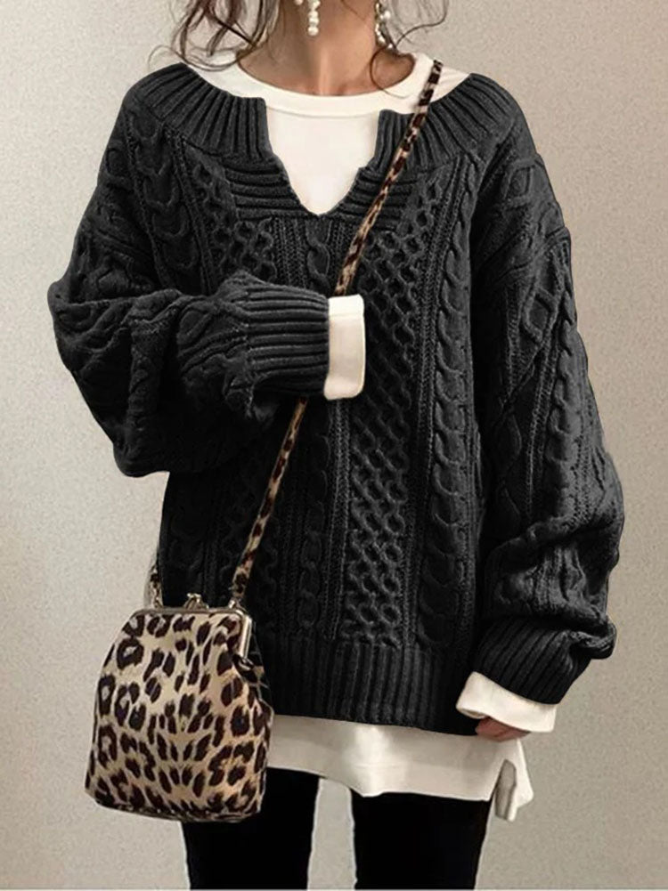 Women's Chunky Knit Sweater with Slit Neck