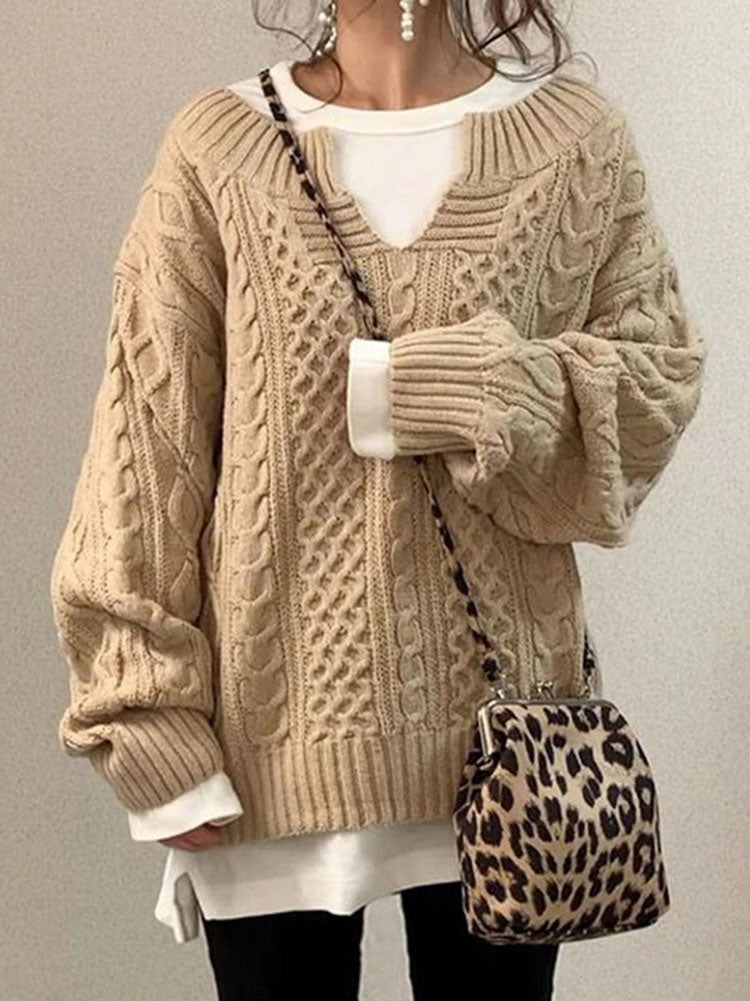 Women's Chunky Knit Sweater with Slit Neck