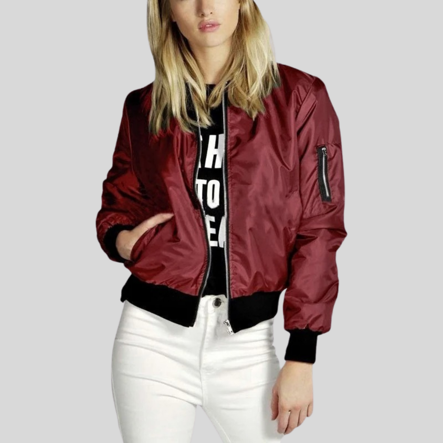 Fashionable Women's Bomber Jacket Zip-Up