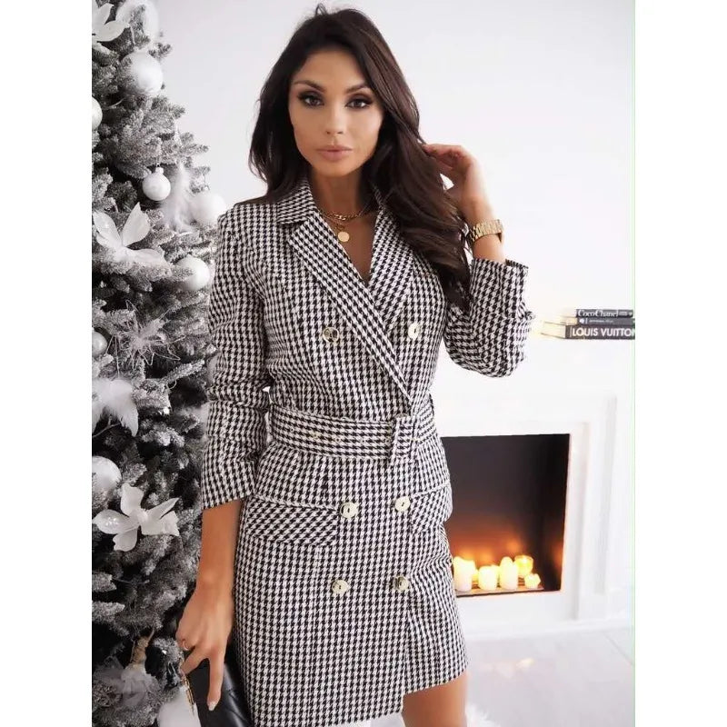 Women's Plaid Business Dress with Belt