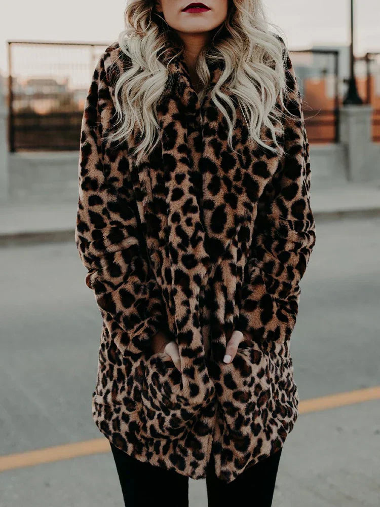 Stylish Faux Fur Coat Leopard Print Elegant