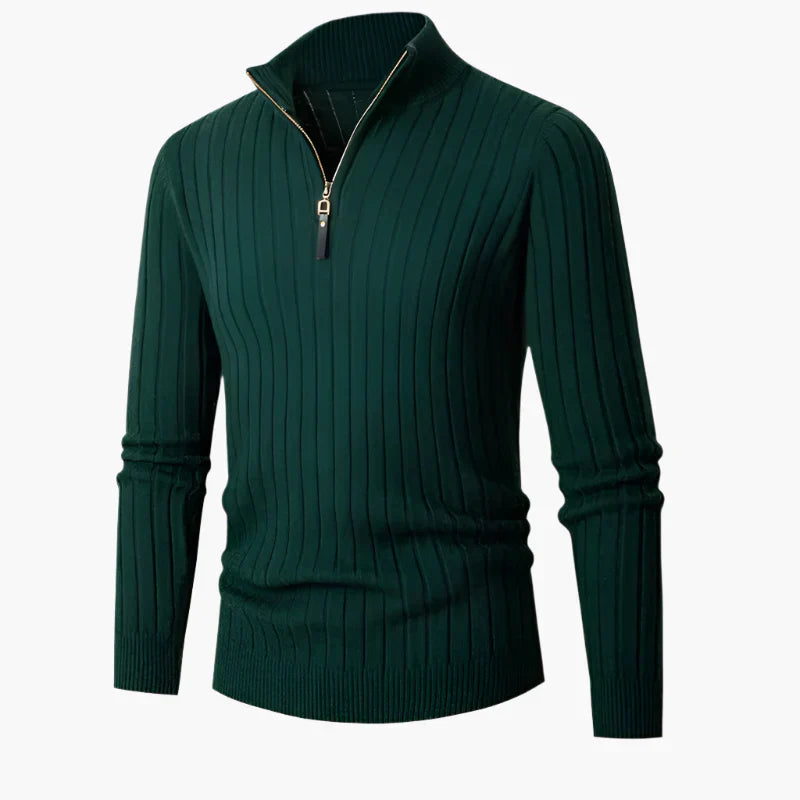 Elegant Knitted Top With Stand-Up Collar And Half-Zip