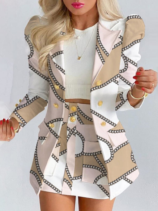 Women's Chic Plaid Blazer Skirt Set