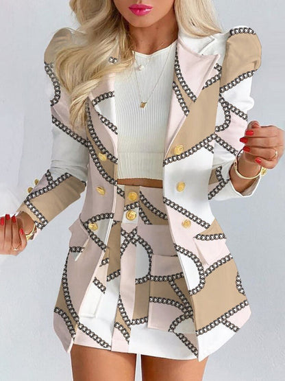 Women's Chic Plaid Blazer Skirt Set