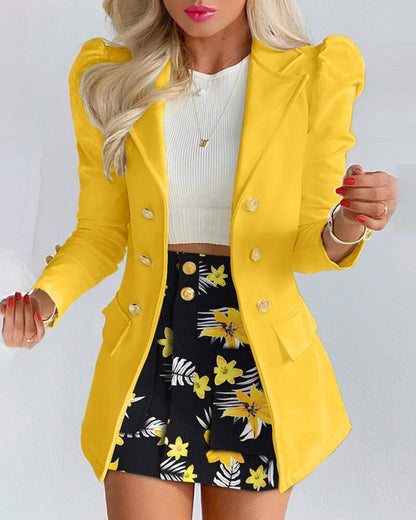 Women's Chic Plaid Blazer Skirt Set