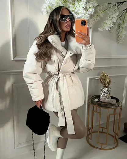Damen Winterjacke Braun Oversized Gürtel