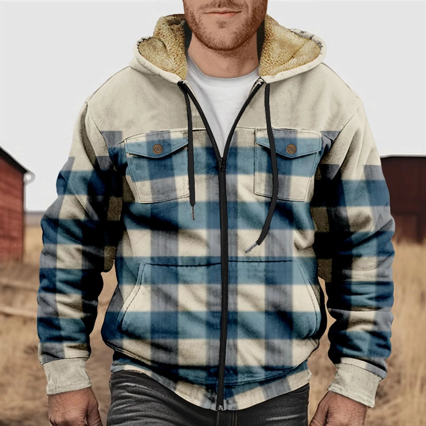Men's Flannel Plaid Fleece Warm Hooded Shirt
