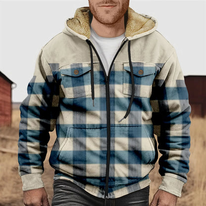 Men's Flannel Plaid Fleece Warm Hooded Shirt