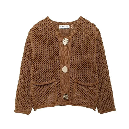 Light knitted cardigan with front pockets and mesh look