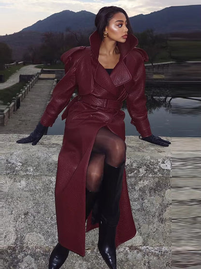 Women's Leather Trench Coat Long Elegant Winter