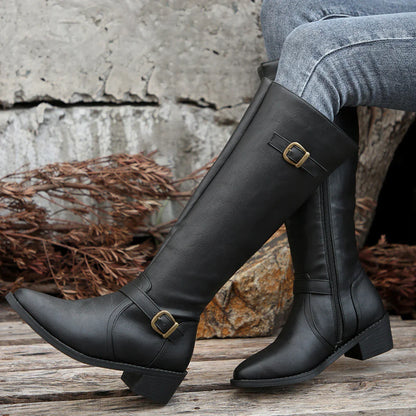 Stylish Women's Riding Boots Buckle Low Heel