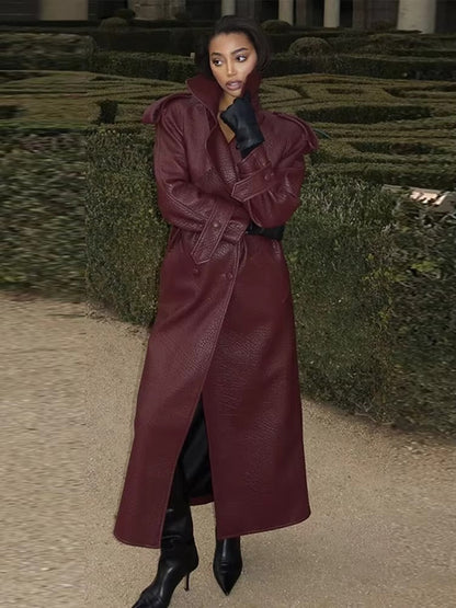 Women's Leather Trench Coat Long Elegant Winter