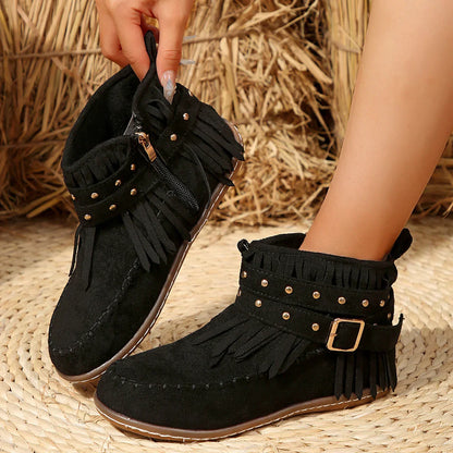 Retro Ankle Boots Suede Buckle Cowboy Style