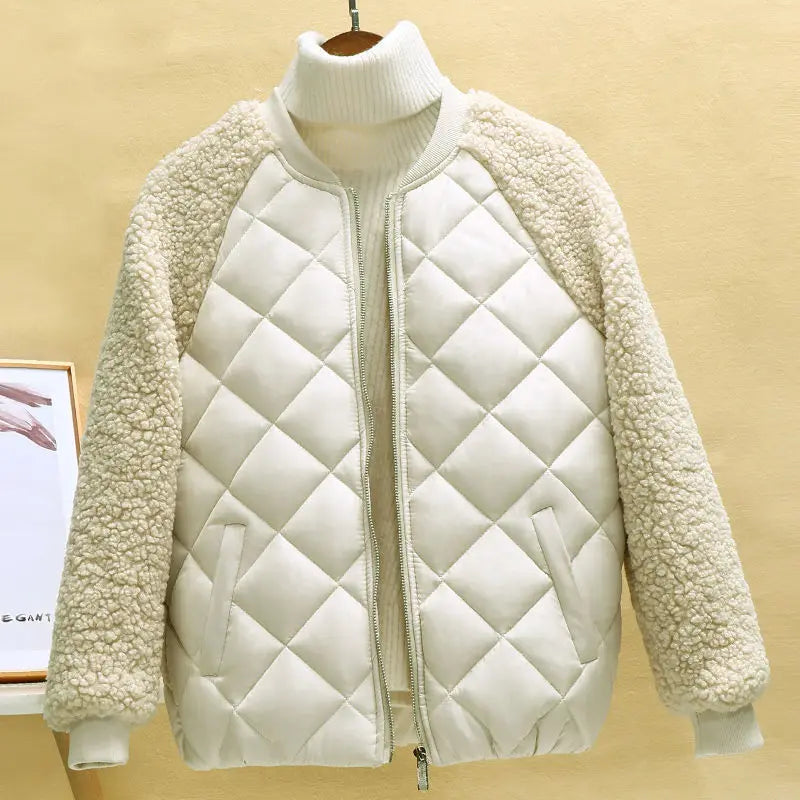 Short Women's Winter Jacket, Light Lambskin Look