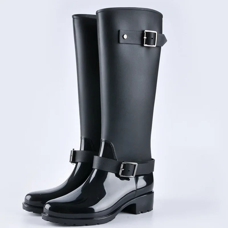 Damen Gummistiefel Wasserdicht Knielang Schnalle Blockabsatz
