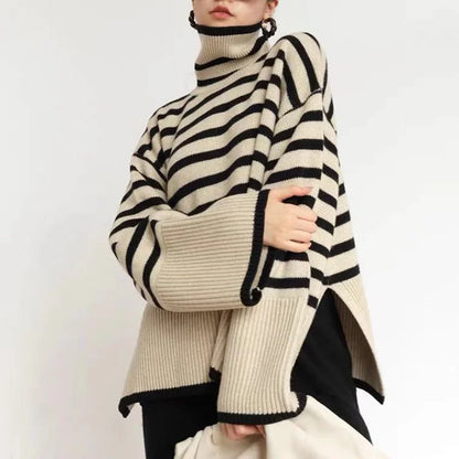 Oversized Sweater High Collar Stripes