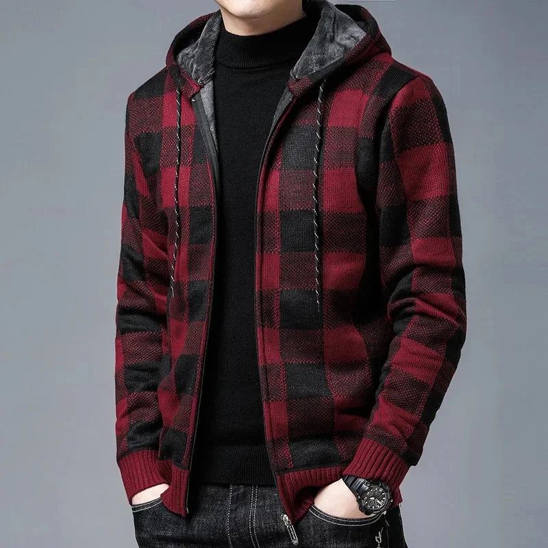 Stylish Plaid Coat Men Hooded